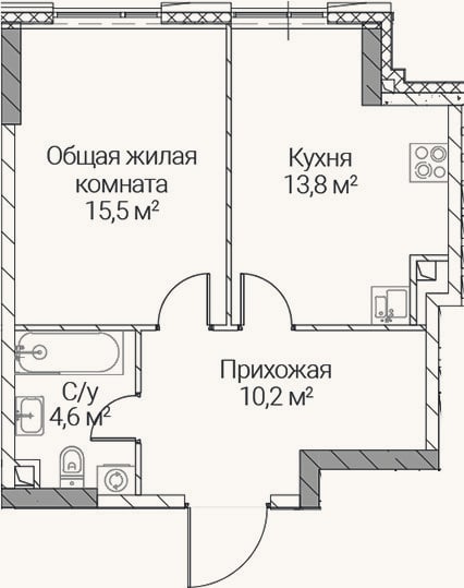 Планировка: 1-к, 44,1 м²