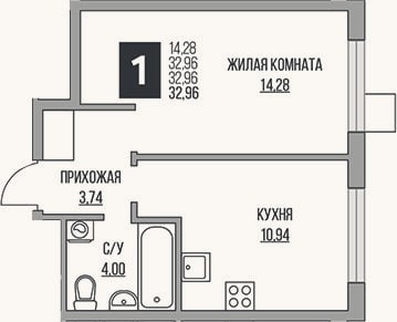 Планировка: 1-к, 33 м²