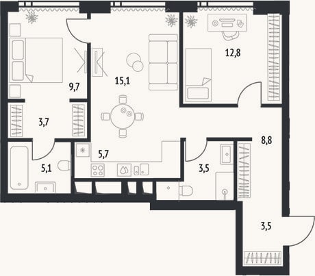 Планировка: 3-к, 67,9 м²