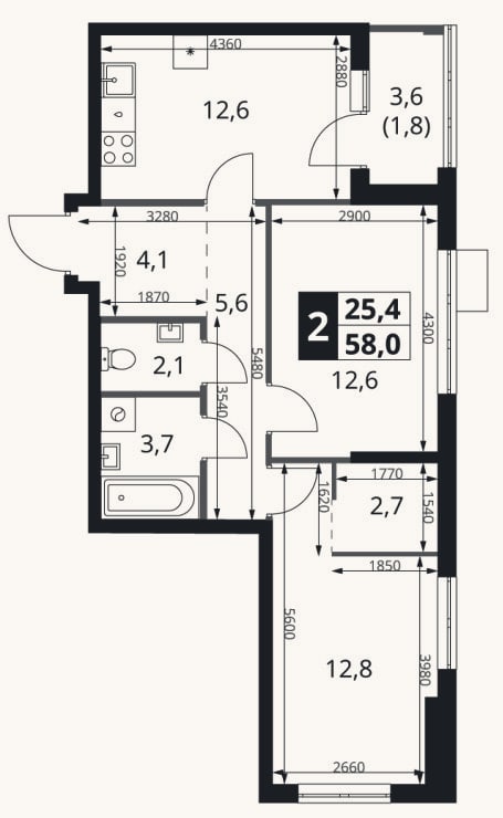 Планировка: 2-к, 56,2 м²
