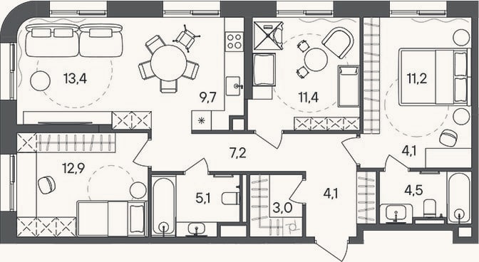 Планировка: 4+ к, 86,6 м²