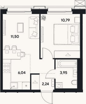 Планировка: 2-к, 34,5 м²