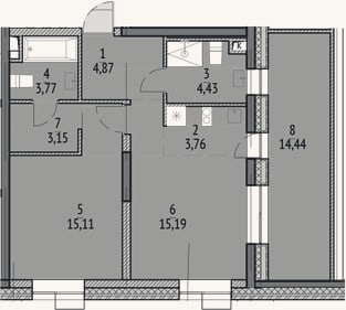 Планировка: 2-к, 54 м²