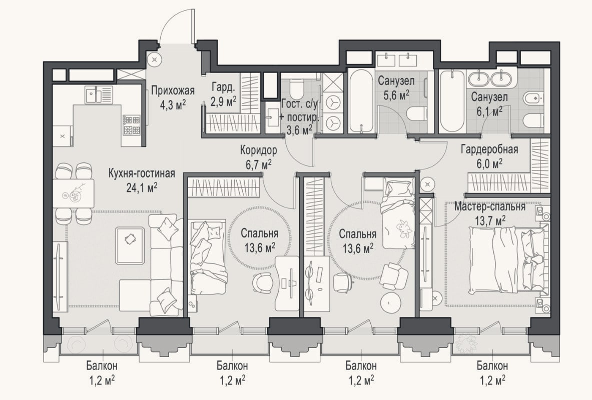 Планировка: 4+ к, 100,4 м²