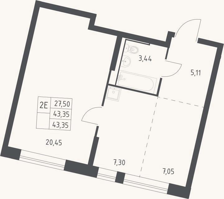 Планировка: 2-к, 43,4 м²