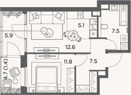Планировка: 2-к, 44,5 м²
