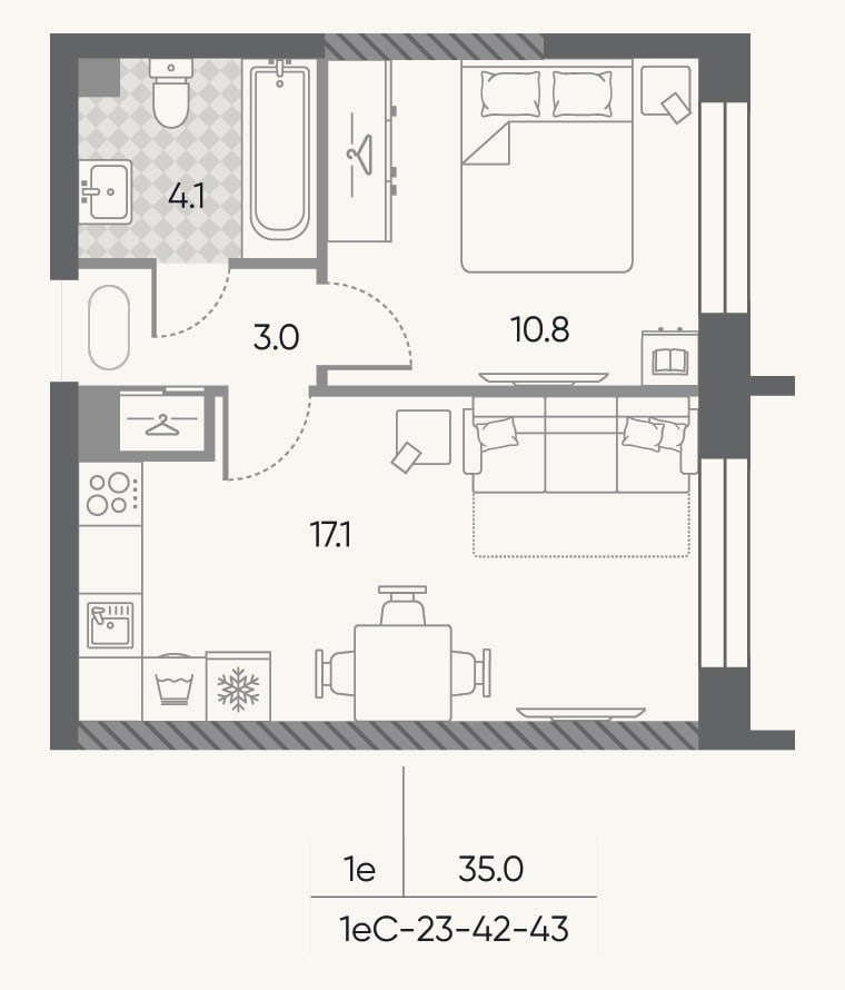 Планировка: 2-к, 35 м²