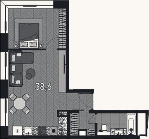 Планировка: 1-к, 38,6 м²