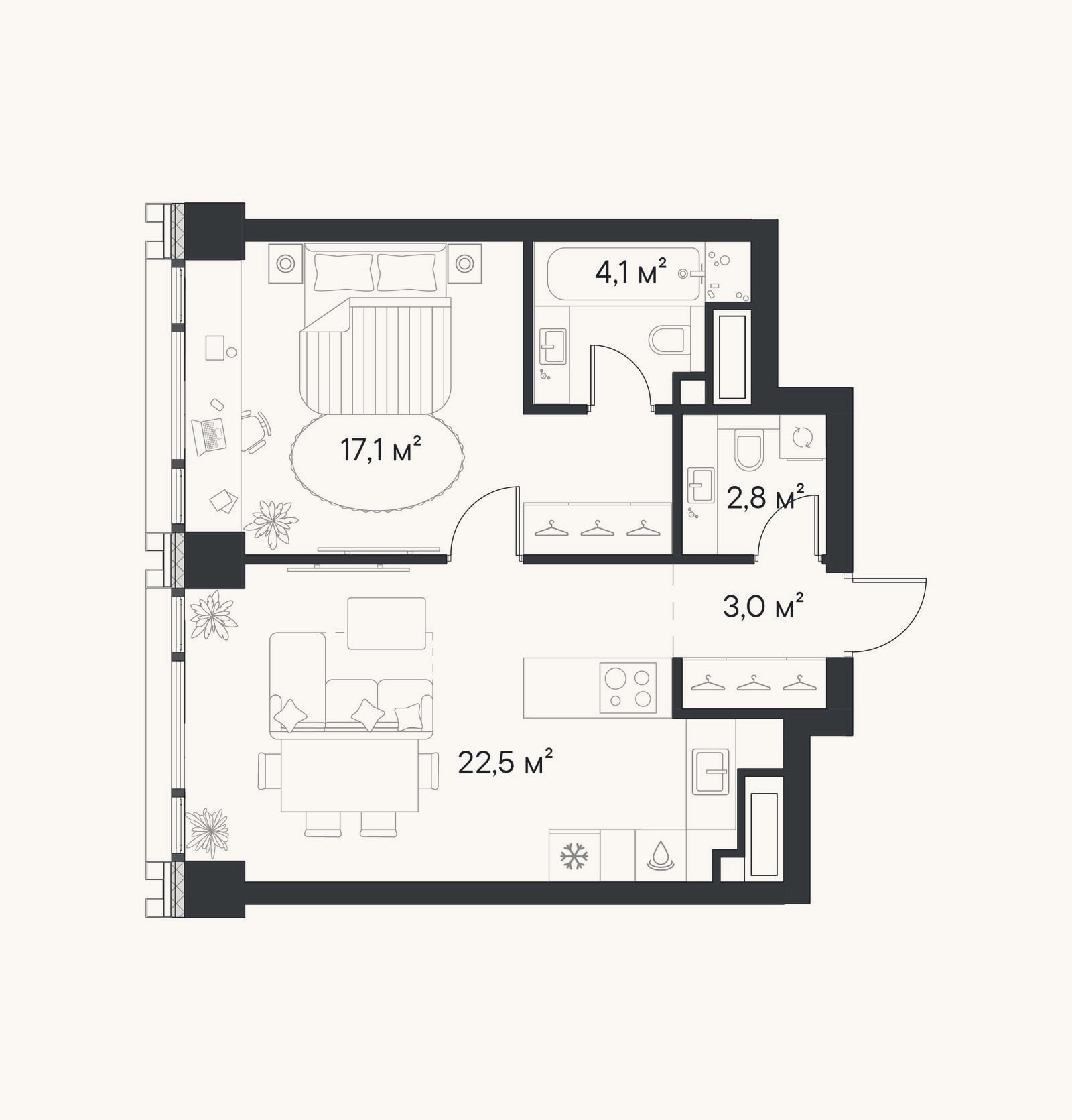 Планировка: 1-к, 49,5 м²