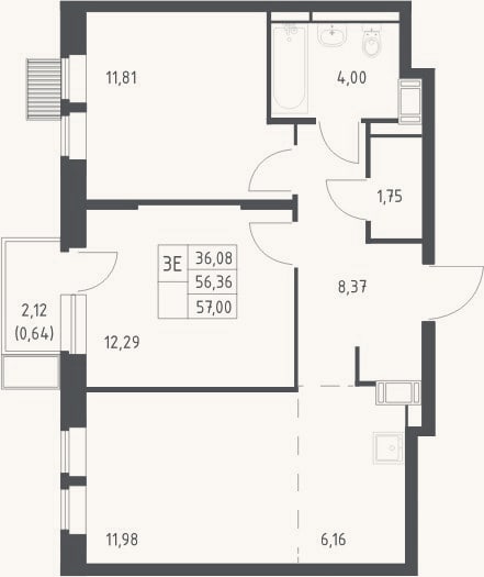 Планировка: 3-к, 56,4 м²