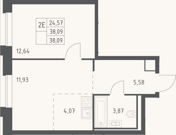 Планировка: 2-к, 38,1 м²
