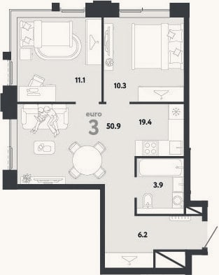 Планировка: 3-к, 50,9 м²