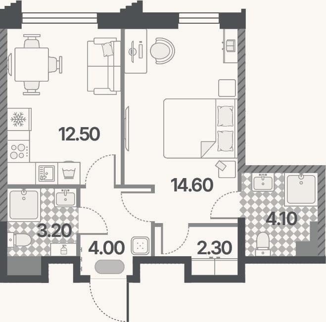 Планировка: 1-к, 40,7 м²