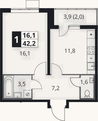 Планировка: 1-к, 40,2 м²
