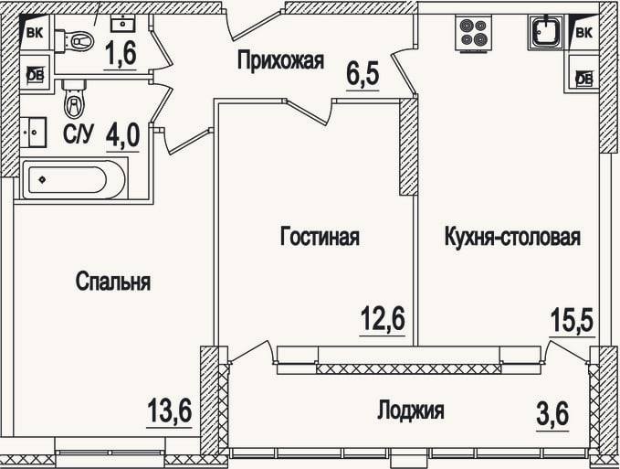 Планировка: 3-к, 53,8 м²