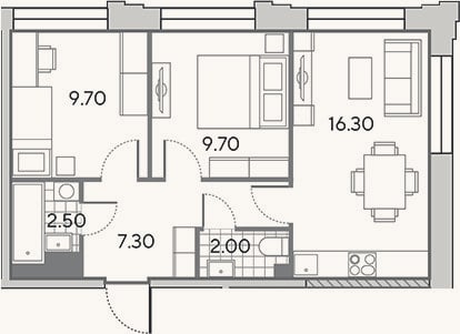 Планировка: 3-к, 47,5 м²