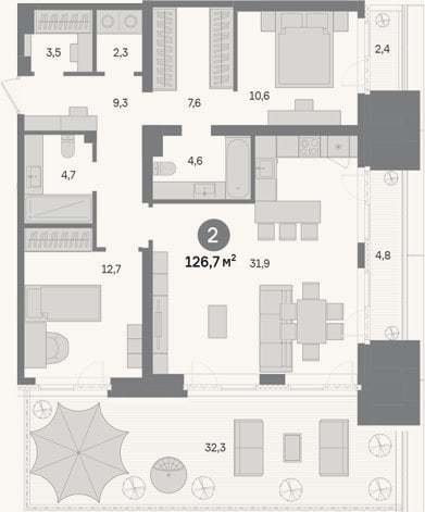 Планировка: 2-к, 87,2 м²