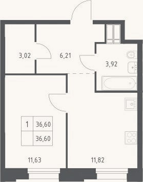 Планировка: 1-к, 36,6 м²