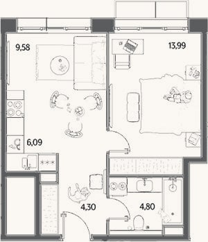 Планировка: 2-к, 38,8 м²