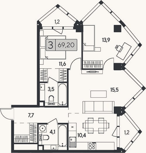 Планировка: 3-к, 66,8 м²