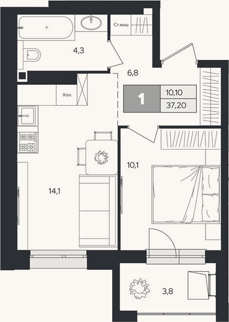 Планировка: 1-к, 35,3 м²
