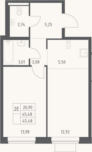 Планировка: 2-к, 45,5 м²