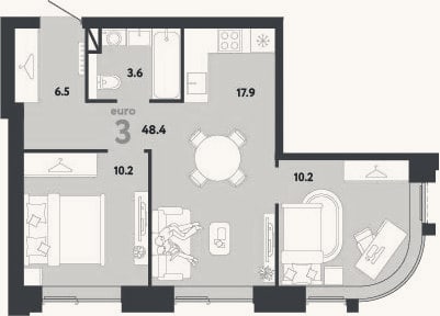 Планировка: 3-к, 48,4 м²