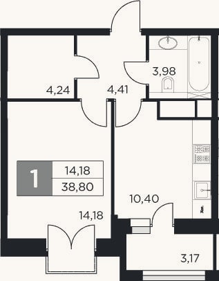Планировка: 1-к, 37,2 м²