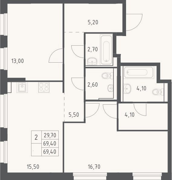 Планировка: 3-к, 69,4 м²