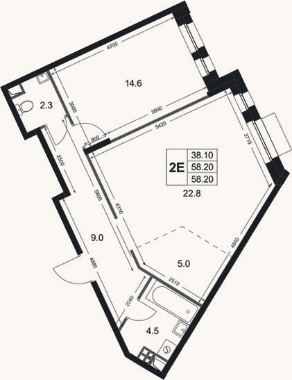 Планировка: 2-к, 58,2 м²