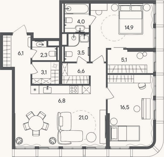 Планировка: 3-к, 89,9 м²