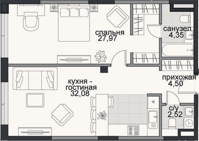 Планировка: 2-к, 71,4 м²