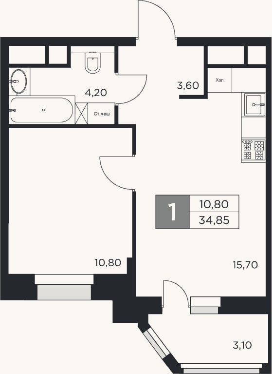 Планировка: 2-к, 34,3 м²