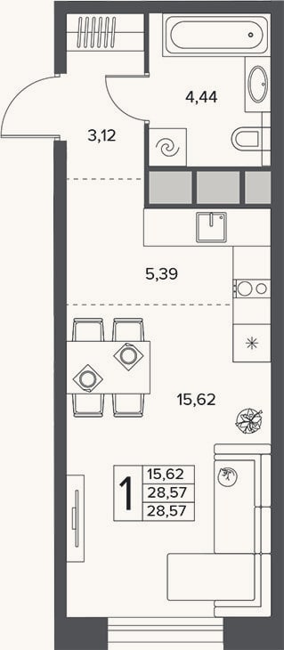 Планировка: Студия, 28,6 м²