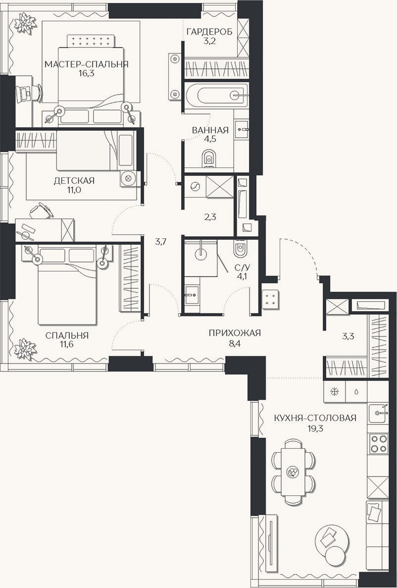 Планировка: 4+ к, 87,7 м²