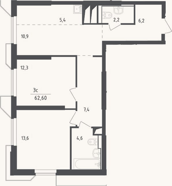 Планировка: 3-к, 62,6 м²