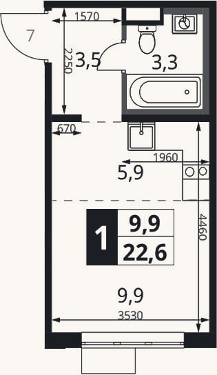 Планировка: Студия, 22,6 м²