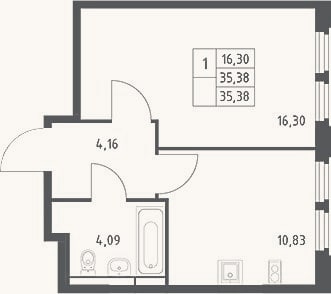 Планировка: 1-к, 35,4 м²