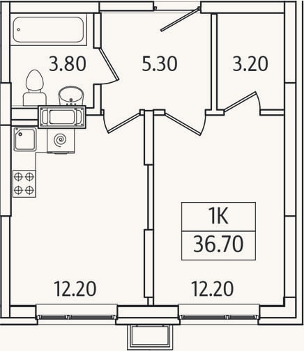 Планировка: 1-к, 36,7 м²