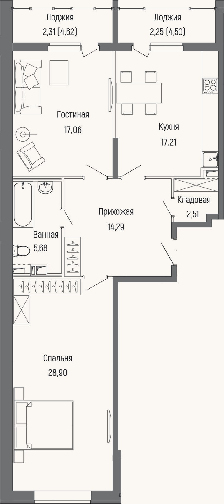 Планировка: 2-к, 84,1 м²