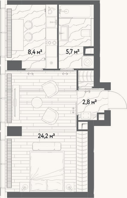 Планировка: 1-к, 41,1 м²