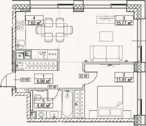 Планировка: 2-к, 46,7 м²