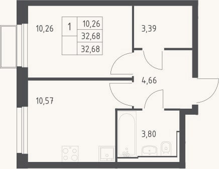 Планировка: 1-к, 32,7 м²