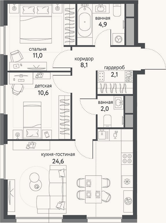 Планировка: 3-к, 63,3 м²