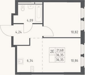 Планировка: 2-к, 36,4 м²