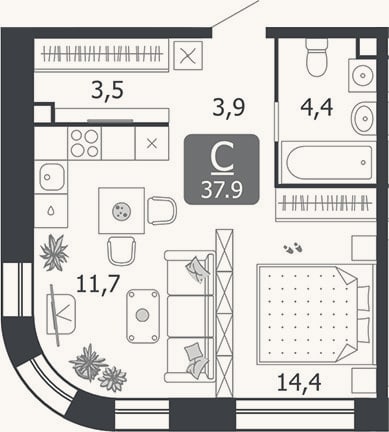 Планировка: Студия, 37,9 м²
