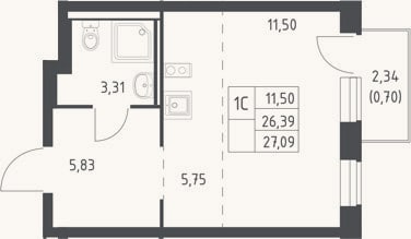 Планировка: Студия, 26,4 м²