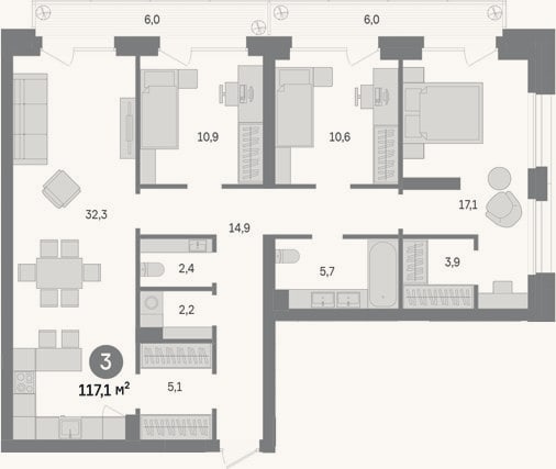 Планировка: 3-к, 105,1 м²