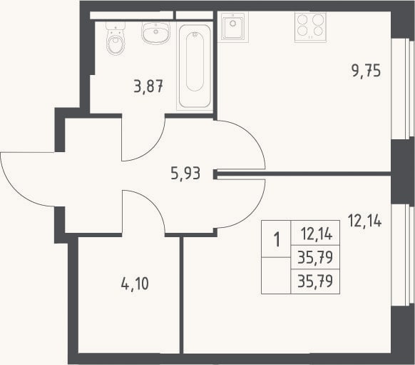 Планировка: 1-к, 35,8 м²