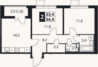 Планировка: 2-к, 52,8 м²